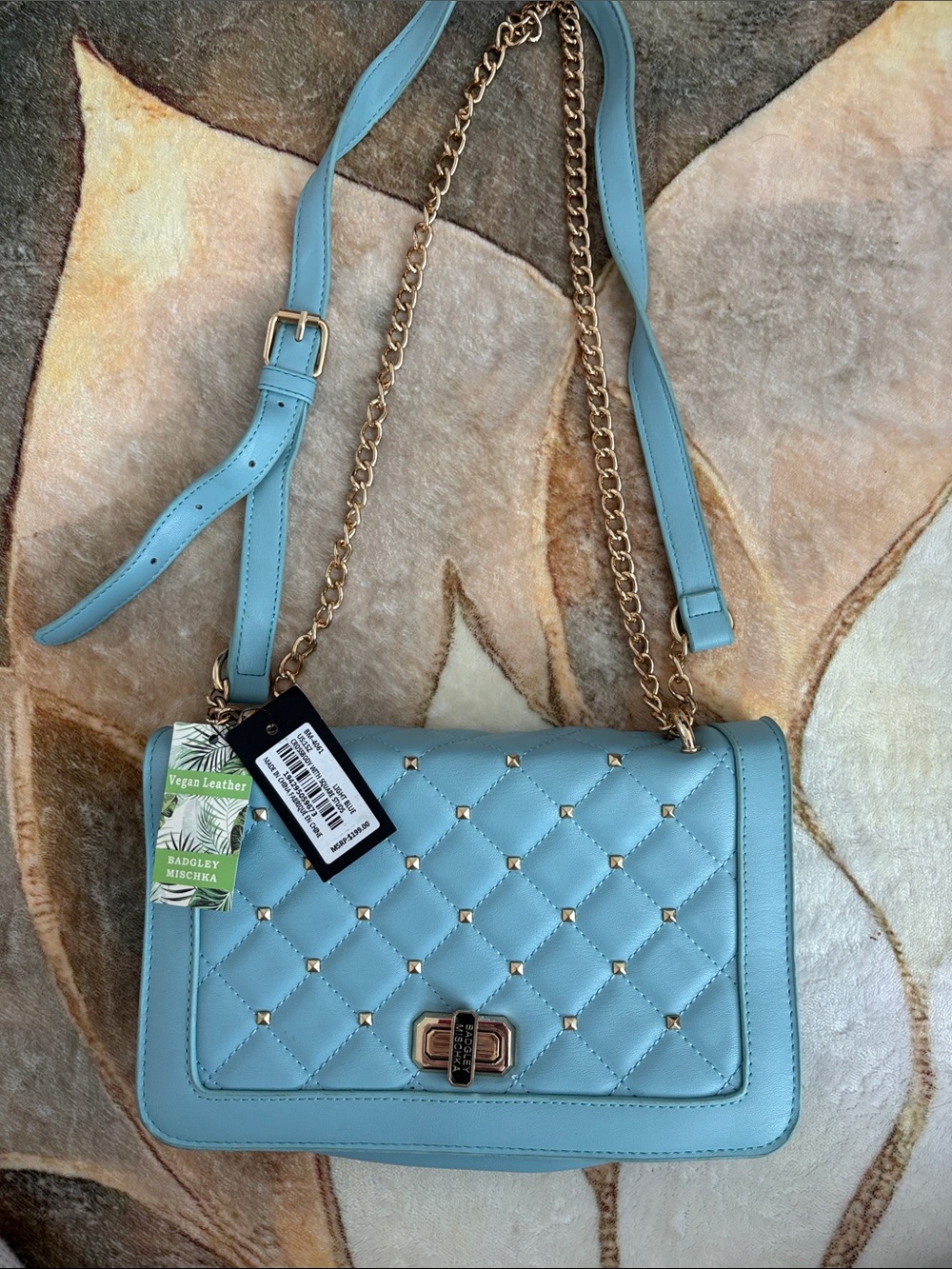 Badgley Mischka Quilted Light Blue Crossbody with Gold Chain